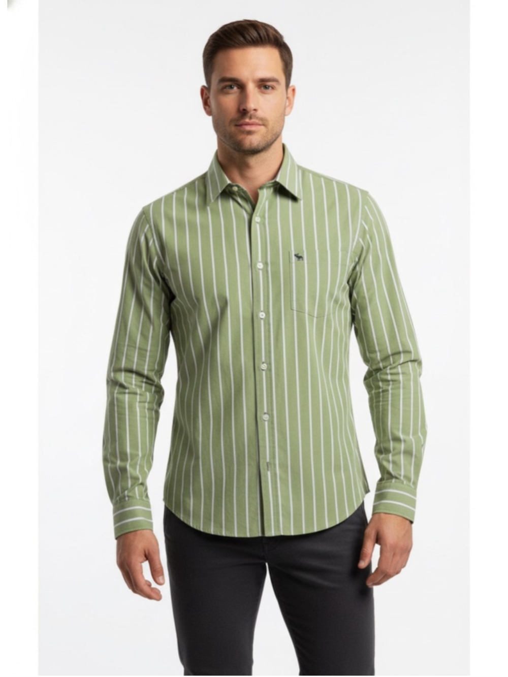 Abercrombie & Fitch Mens XL Striped Dress Shirt Green White Muscle Fit Cotton